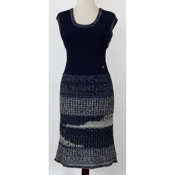 CHANEL Dresses & Skirts - CHANEL MULTIPLE COLORS OF NAVY BLUE CROCHET KNIT SLEEVELESS DRESS 38